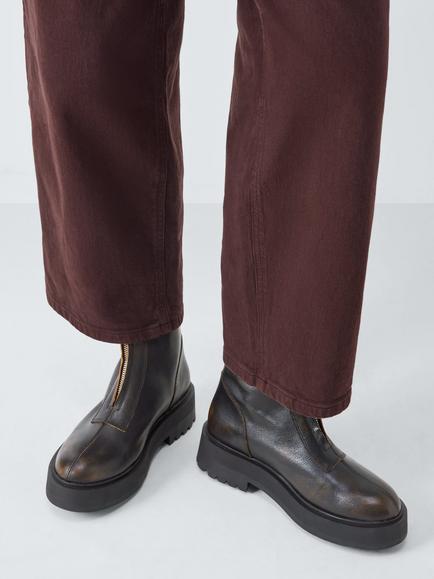 John Lewis Portland Leather Zip Front Flatform Ankle Boots - view 2, Dark Brown