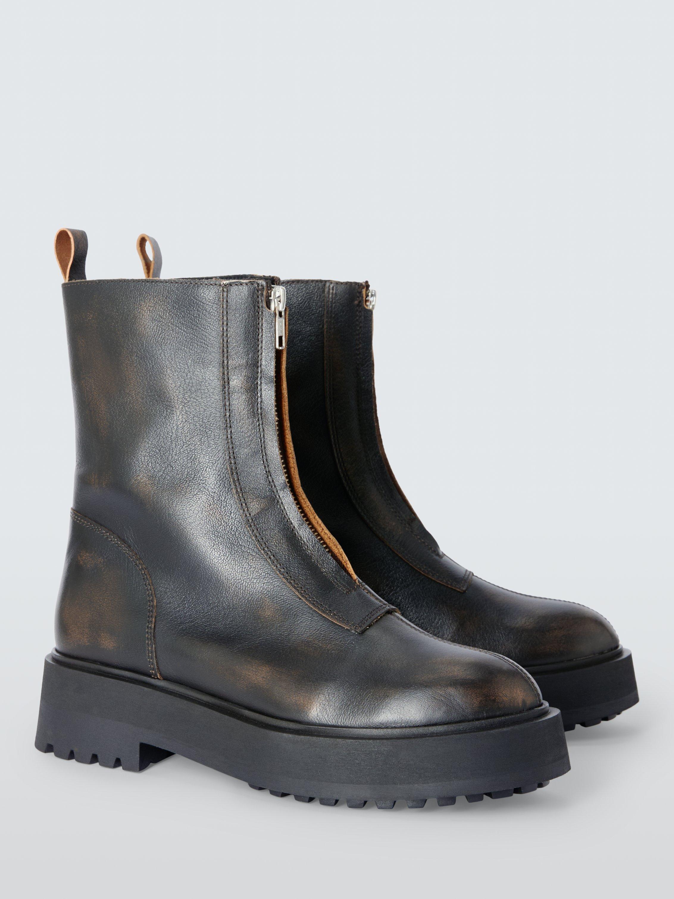 Product image 3 of 6, which shows John Lewis Portland Leather Zip Front Flatform Ankle Boots, Dark Brown, 3