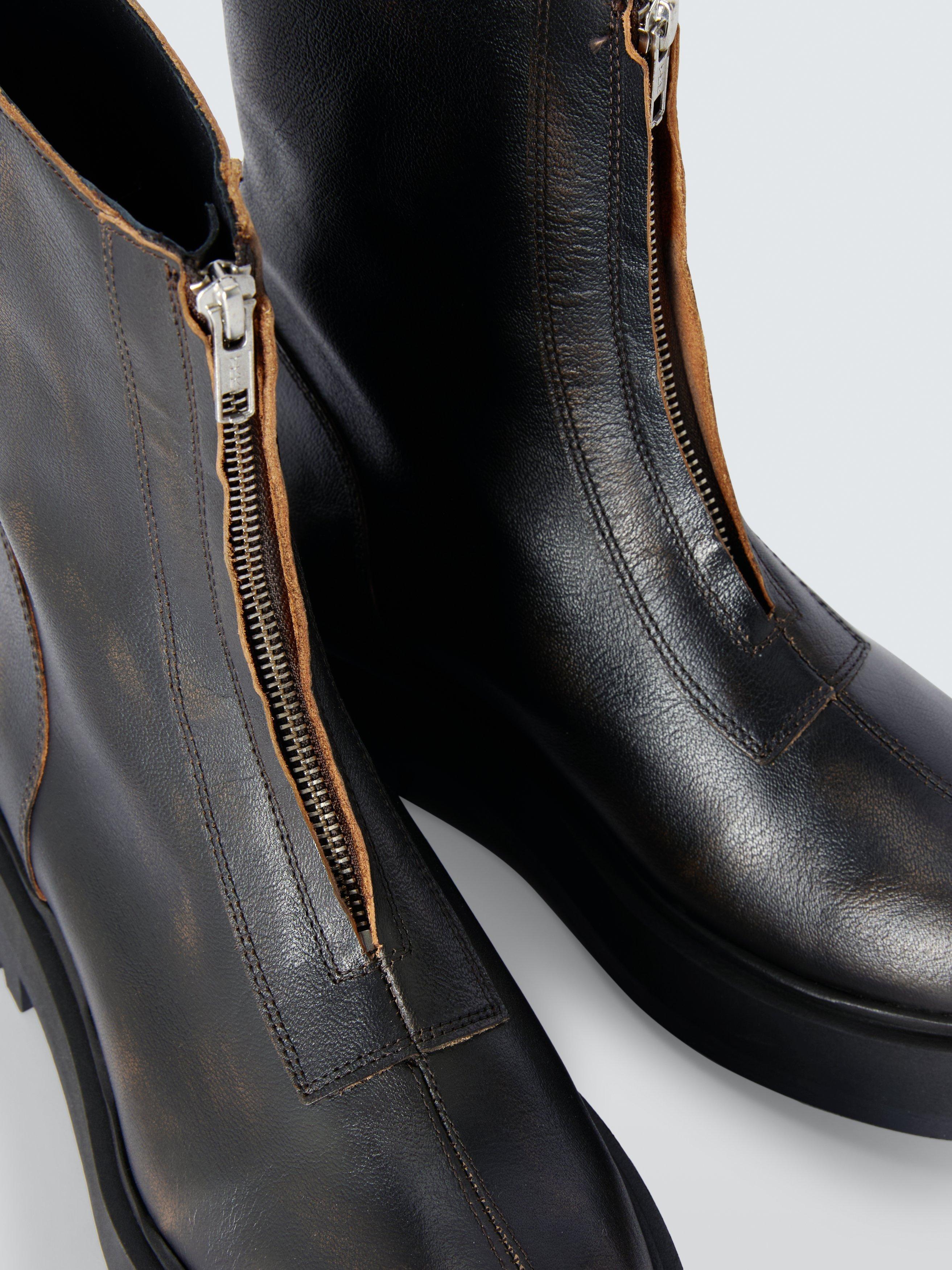 Product image 4 of 6, which shows John Lewis Portland Leather Zip Front Flatform Ankle Boots, Dark Brown, 3