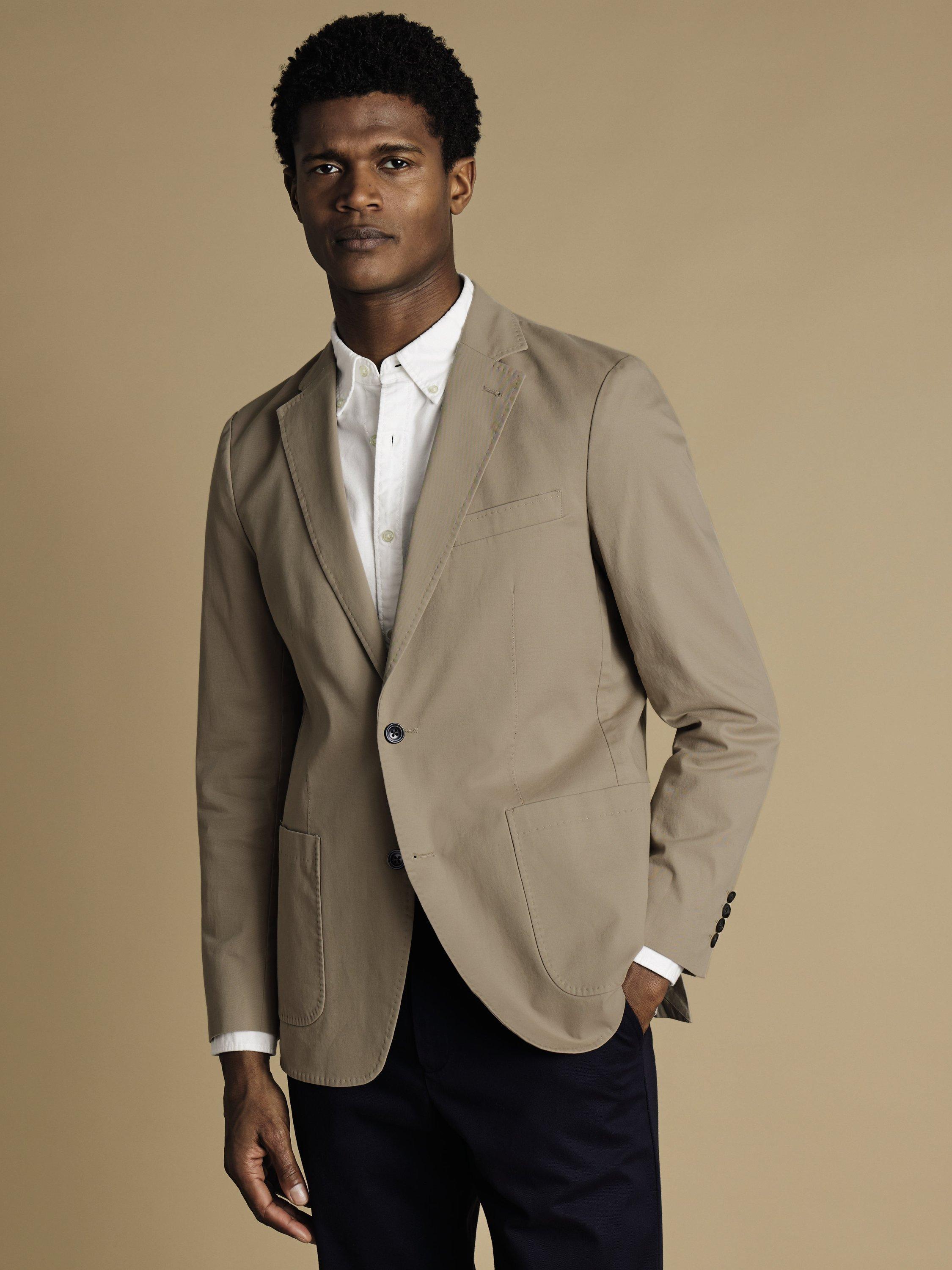 Product image 1 of 5, which shows Charles Tyrwhitt Single Breasted Cotton Blend Blazer, Taupe, 36R