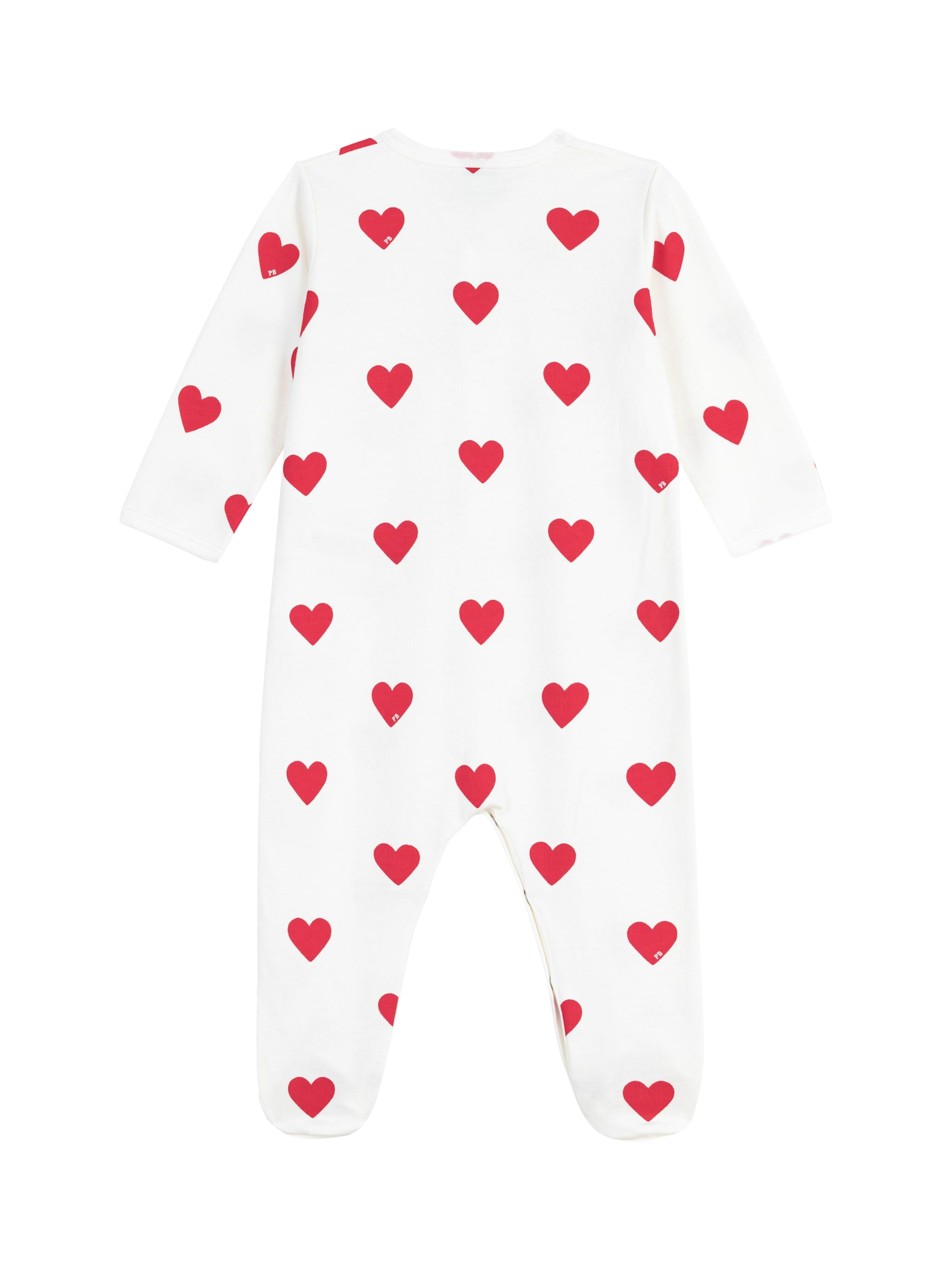 Product image 1 of 3, which shows Petit Bateau Baby Cotton Fleece Heart Print Pyjama Bodysuit, Marshmallow/Terkuit, 3 months