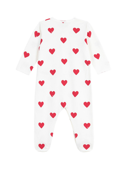 Petit Bateau Baby Cotton Fleece Heart Print Pyjama Bodysuit, Marshmallow/Terkuit, Marshmallow/Terkuit