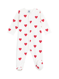 Petit Bateau Baby Cotton Fleece Heart Print Pyjama Bodysuit, Marshmallow/Terkuit