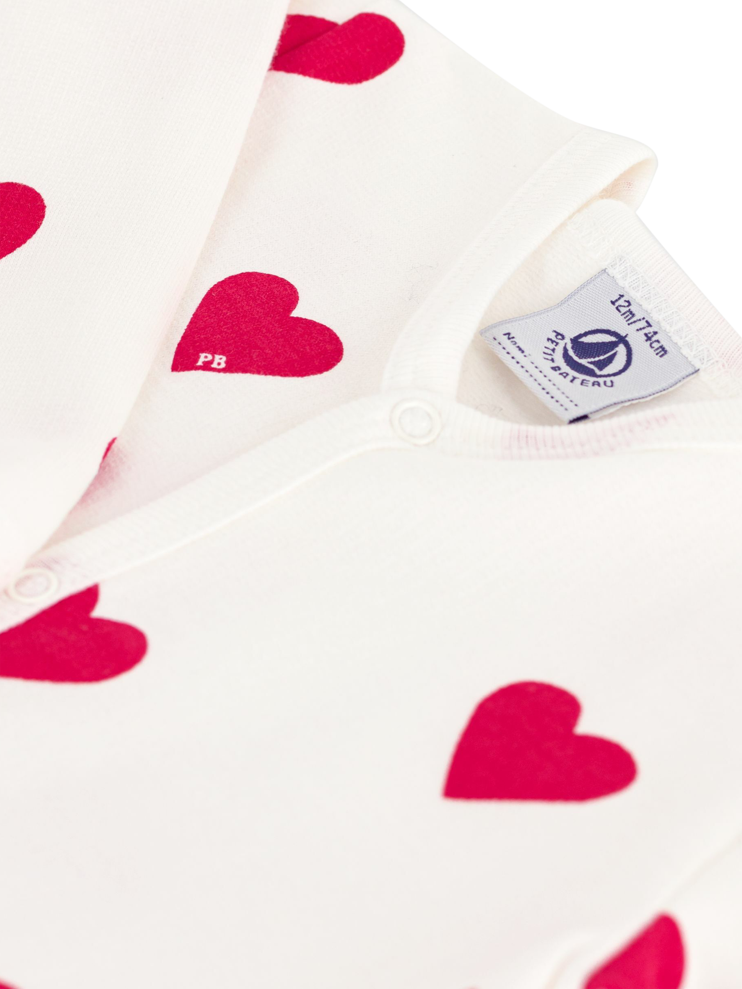 Product image 3 of 3, which shows Petit Bateau Baby Cotton Fleece Heart Print Pyjama Bodysuit, Marshmallow/Terkuit, 3 months