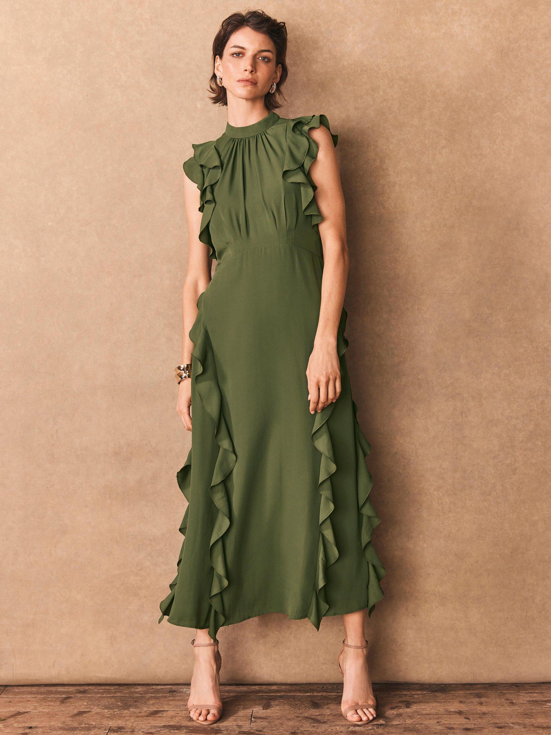 Mint Velvet High Neck Ruffle Maxi Dress, Green