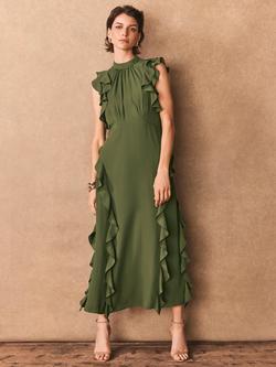 Mint Velvet High Neck Ruffle Maxi Dress, Green, Green