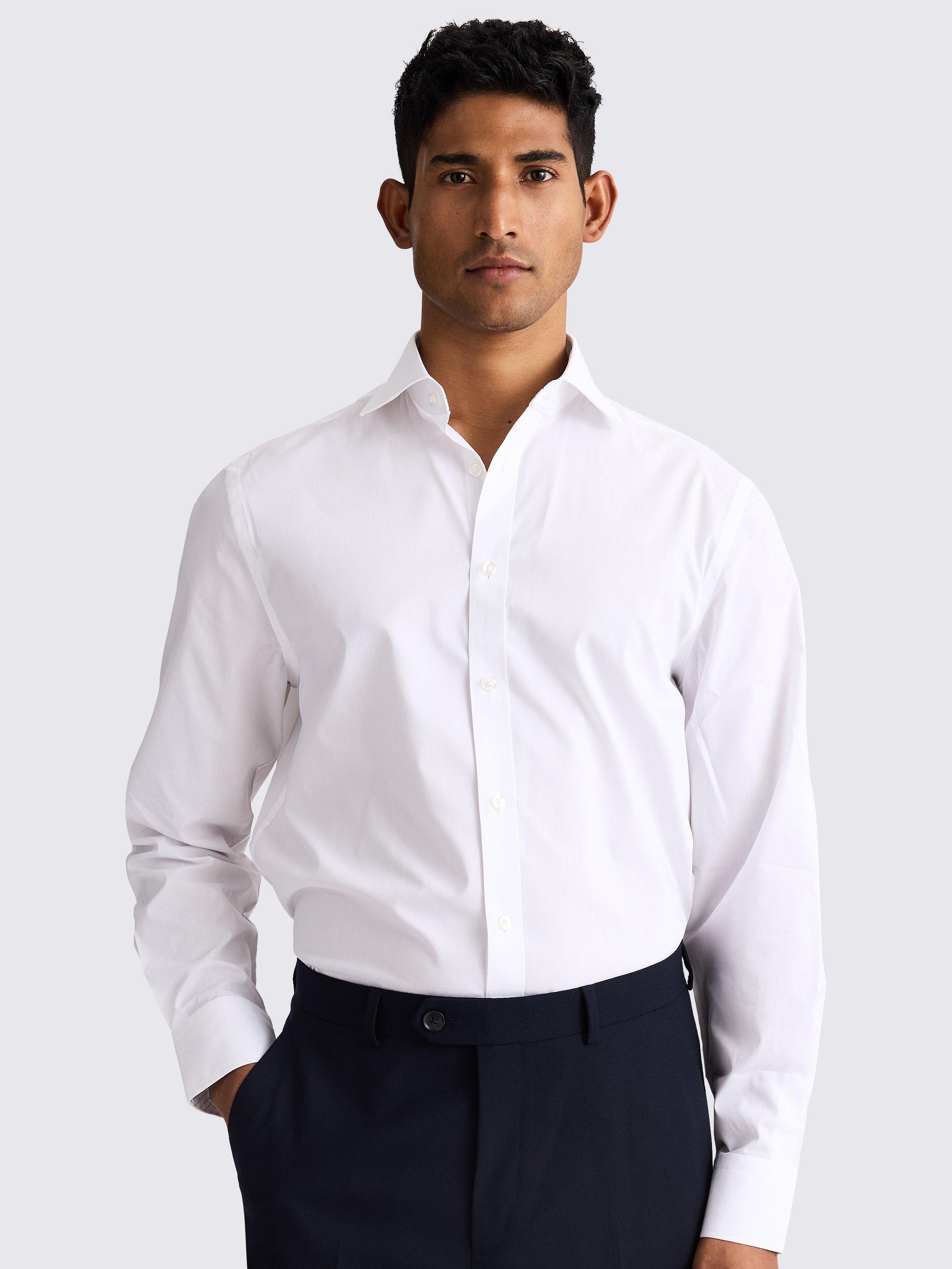 Moss Stretch Cotton Blend Regular Fit Printed Trim Shirt, White