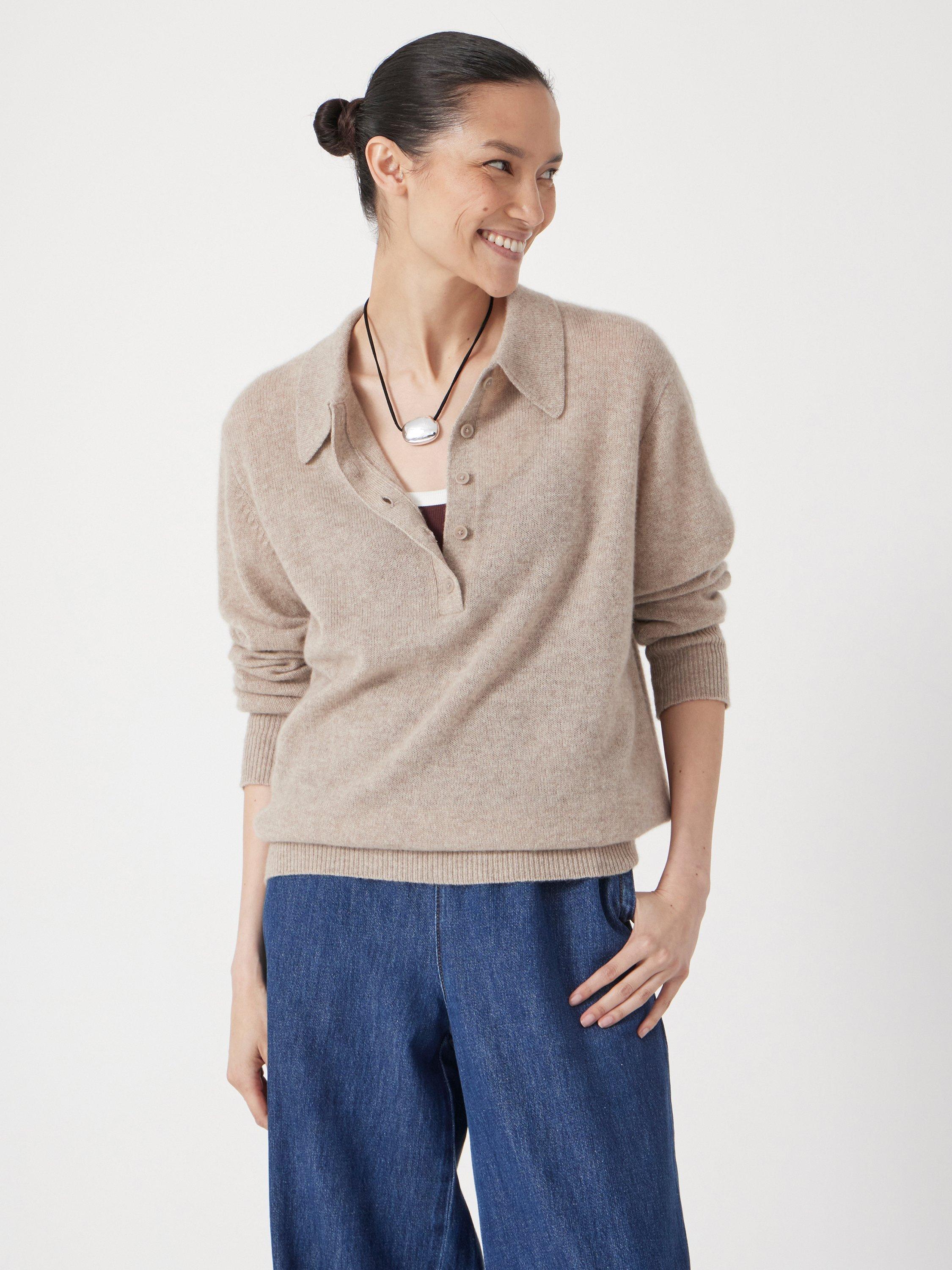 Product image 1 of 4, which shows HUSH Open Collar Cashmere Rich Jumper, Oatmeal Marl, L