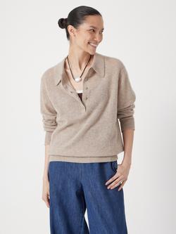 HUSH Cashmere Rich Long Sleeve Polo Jumper, Oatmeal Marl