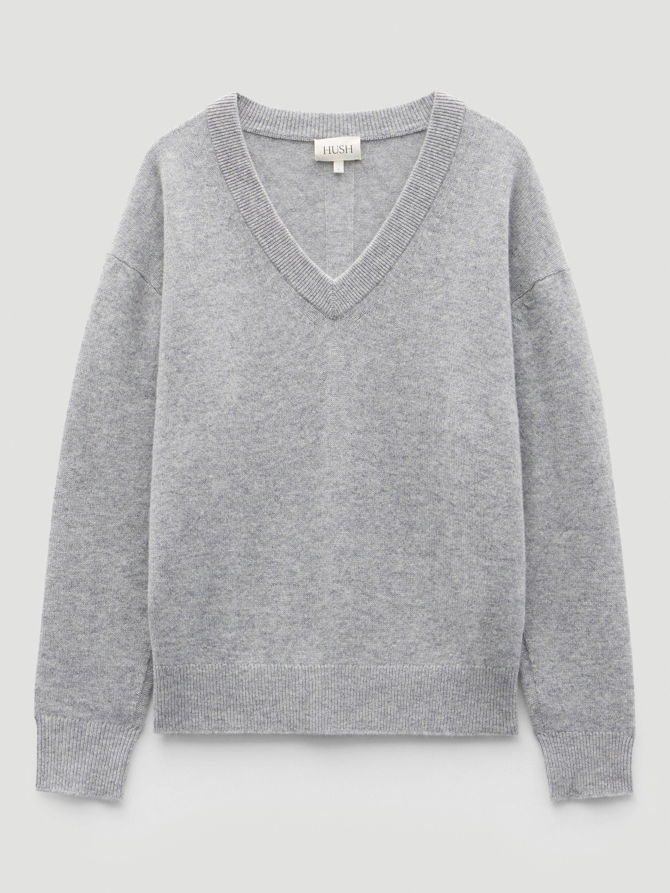 Product image 4 of 5, which shows HUSH Scarlett V-Neck Cashmere Rich Jumper, Grey Marl, L