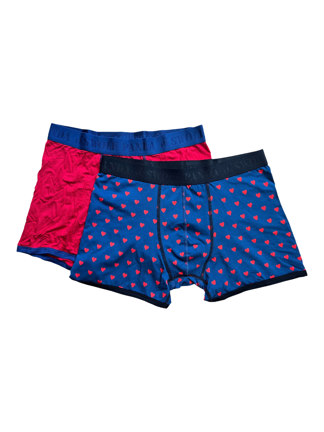 Product image 1 of 4, which shows Swole Panda Hearts & Plain Bamboo Boxer Shorts, Pack of 2, Red/Navy, S