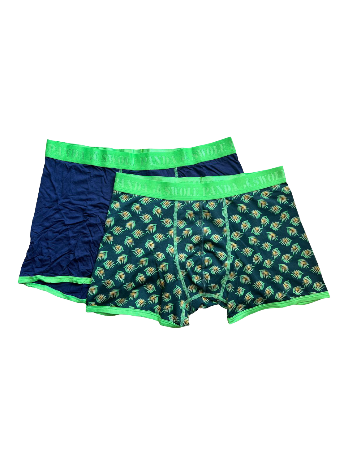 Product image 1 of 5, which shows Swole Panda Leaves & Plain Bamboo Boxer Shorts, Pack of 2, Navy/Green, S