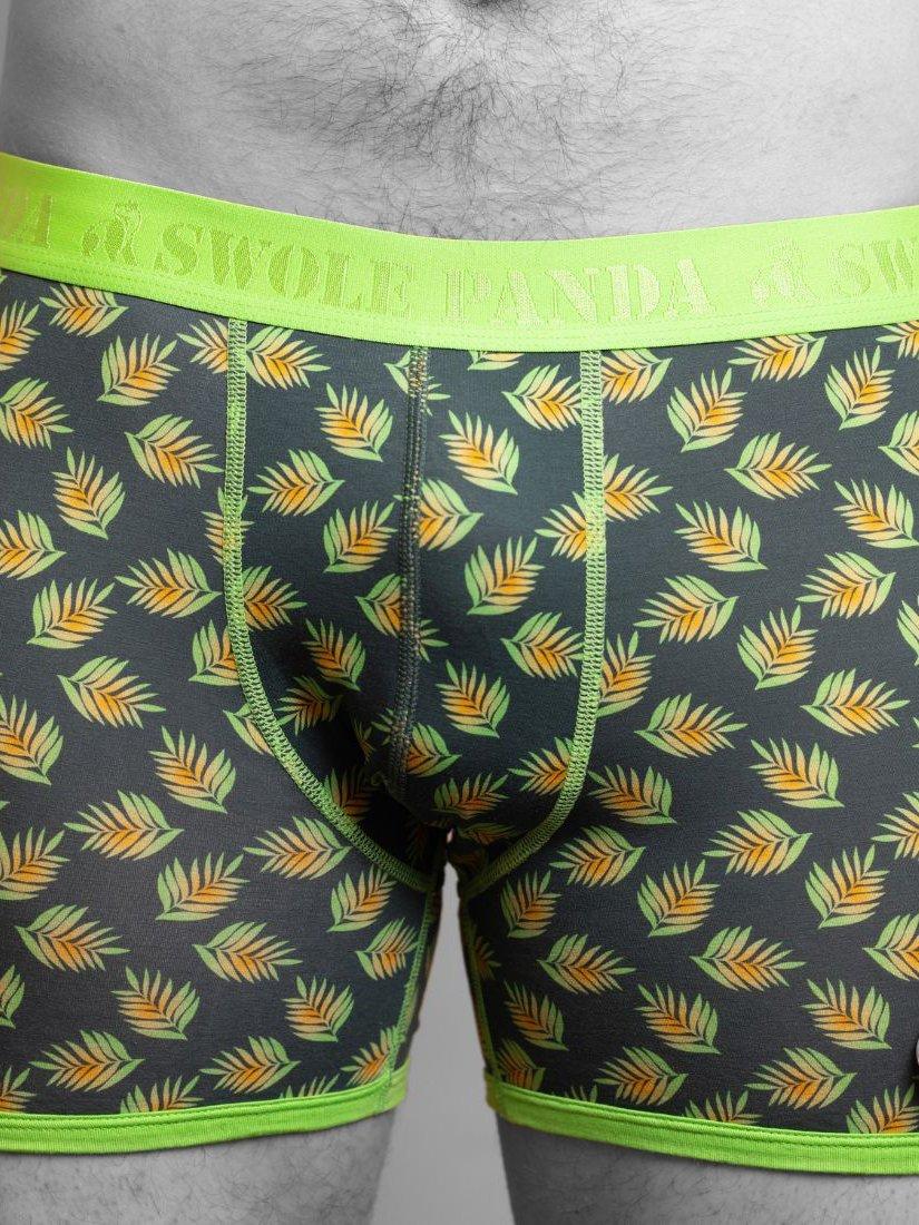 Product image 5 of 5, which shows Swole Panda Leaves & Plain Bamboo Boxer Shorts, Pack of 2, Navy/Green, S