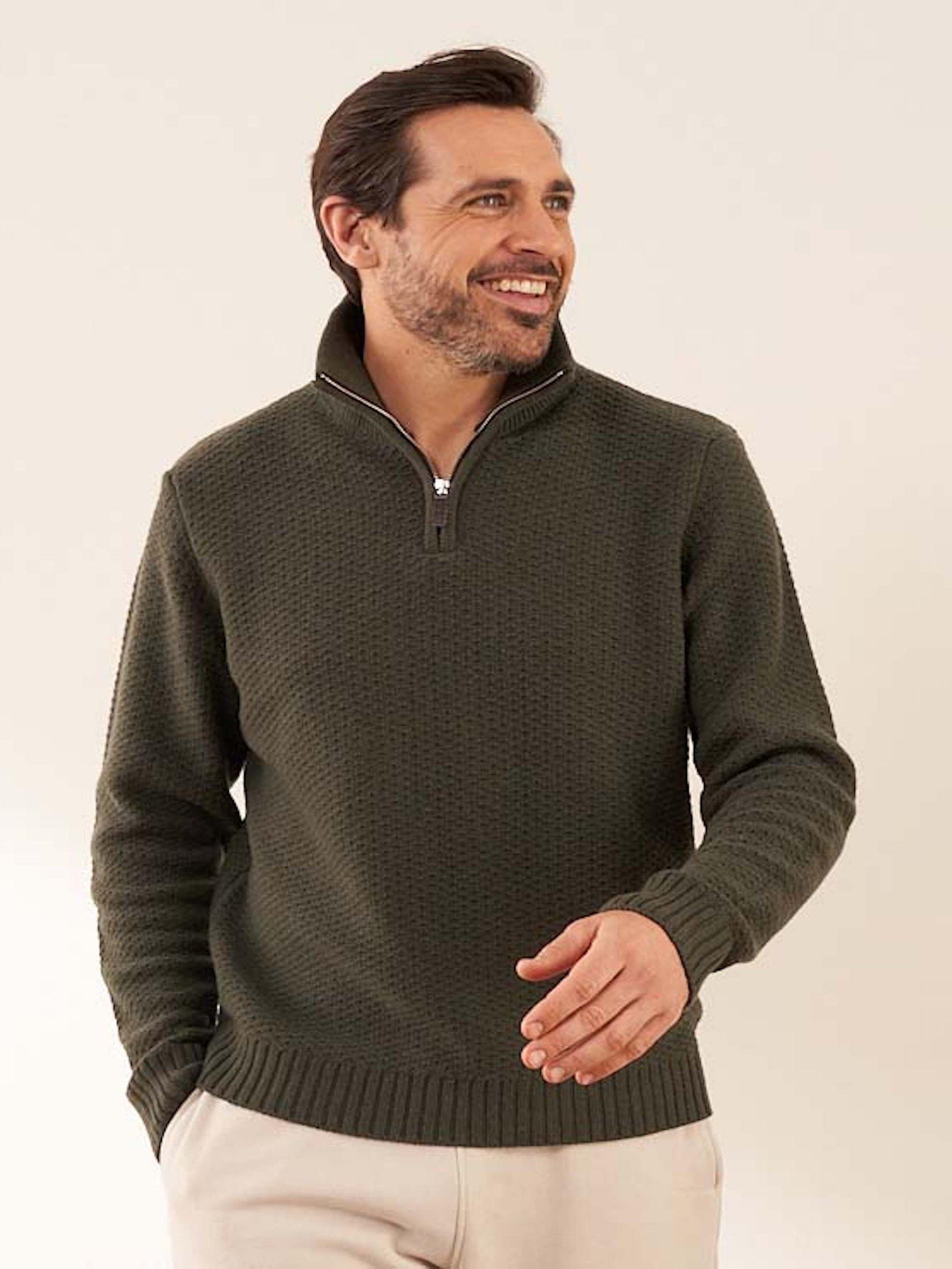 Product image 1 of 4, which shows Truly Windsor Wool Cashmere Blend Three-Quarter Zip Neck Jumper, Khaki, S