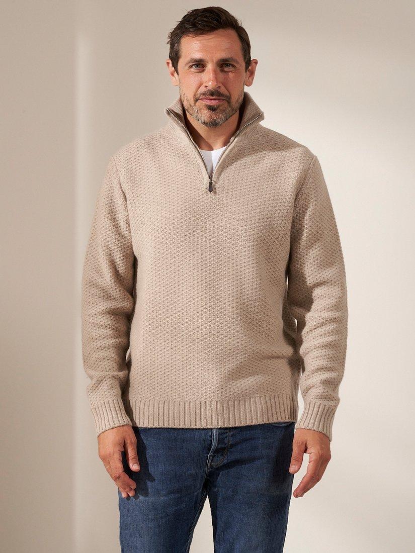Product image 1 of 5, which shows Truly Windsor Wool Cashmere Blend Three-Quarter Zip Neck Jumper, Oatmeal, S