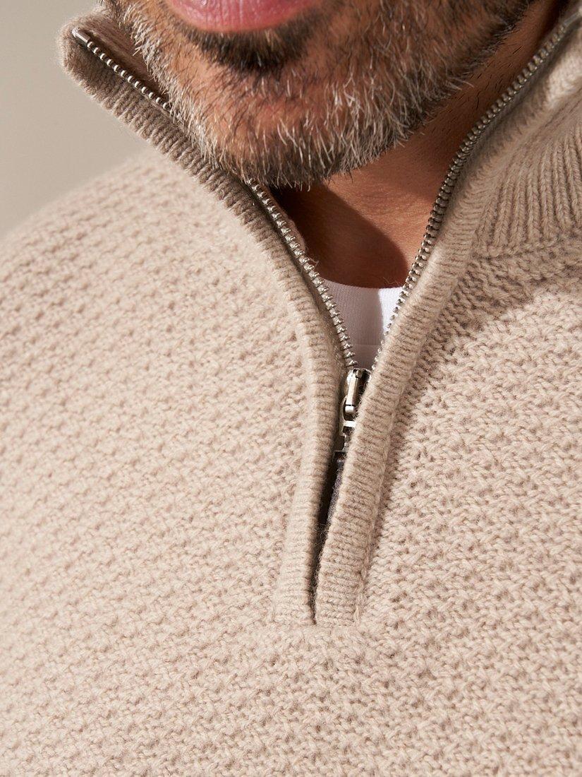 Product image 4 of 5, which shows Truly Windsor Wool Cashmere Blend Three-Quarter Zip Neck Jumper, Oatmeal, S