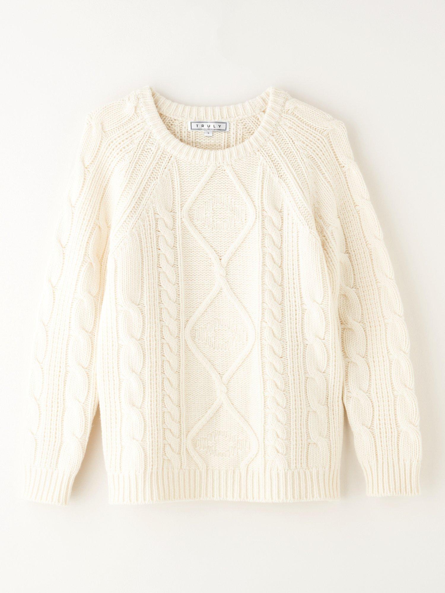 Product image 4 of 4, which shows Truly Wool Blend Fisherman's Knit Jumper, Ivory, S