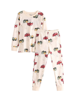 Lindex Kids' Cotton Long Sleeved Truck Print Pyjama Set, White, White