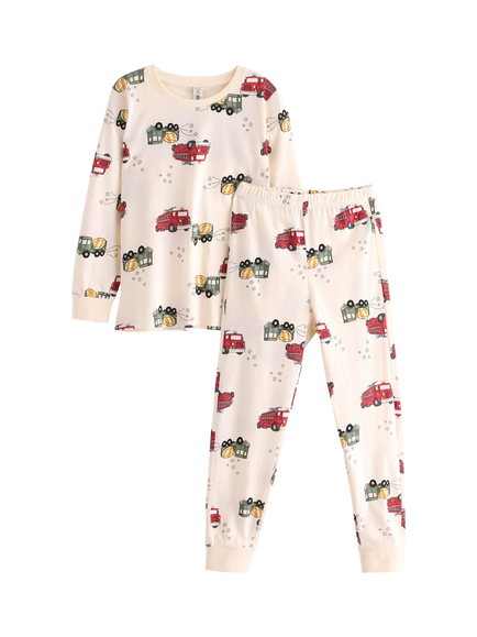 Lindex Kids' Cotton Long Sleeved Truck Print Pyjama Set, White, White