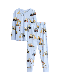 Lindex Baby Cotton Long Sleeved Truck Print Pyjama Set, Light Blue, Light Blue