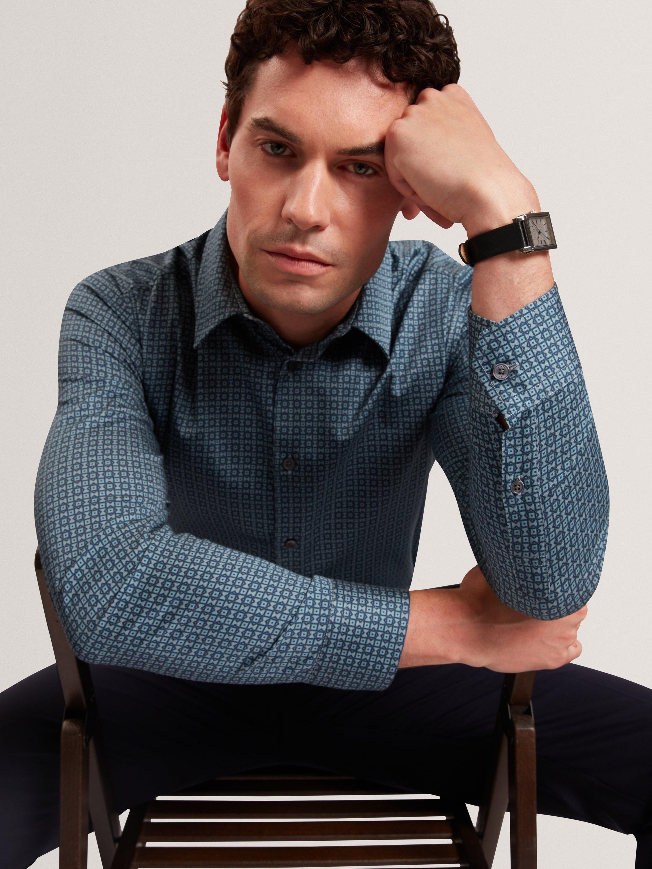 Product image 4 of 6, which shows Ted Baker Caylaxe Geometric Print Cotton Blend Shirt, Navy, S