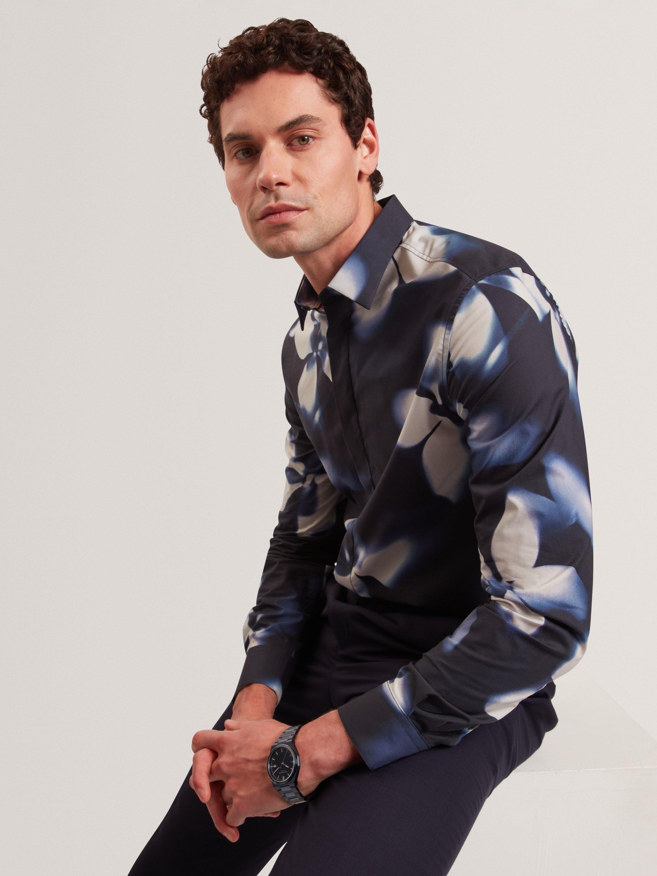 Product image 4 of 7, which shows Ted Baker Floral Print Cotton Shirt, Navy, S