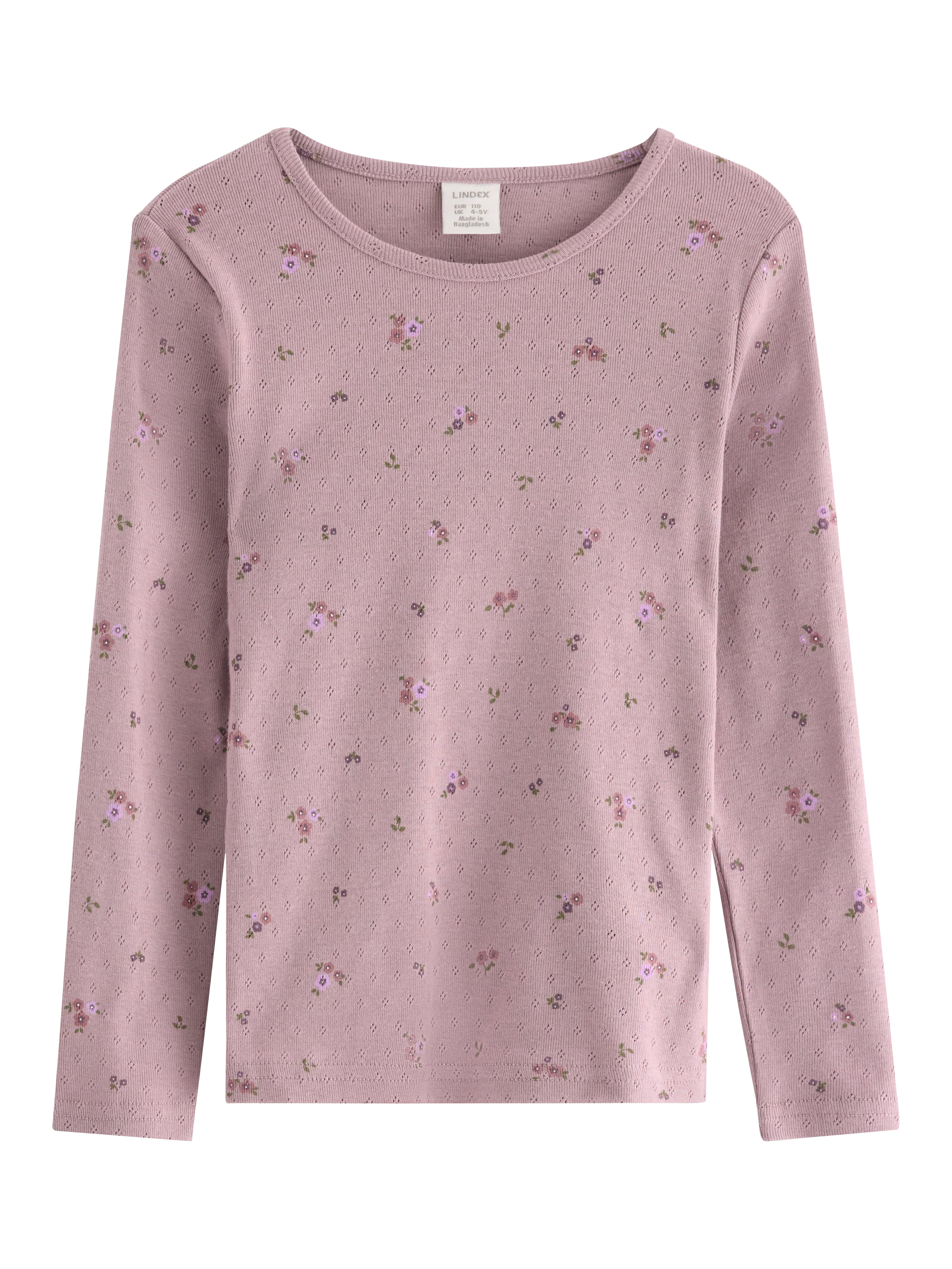 Product image 1 of 3, which shows Lindex Kids' Cotton Long Sleeved Floral Pointelle Top, Light Dusty Lilac, 4-5 years