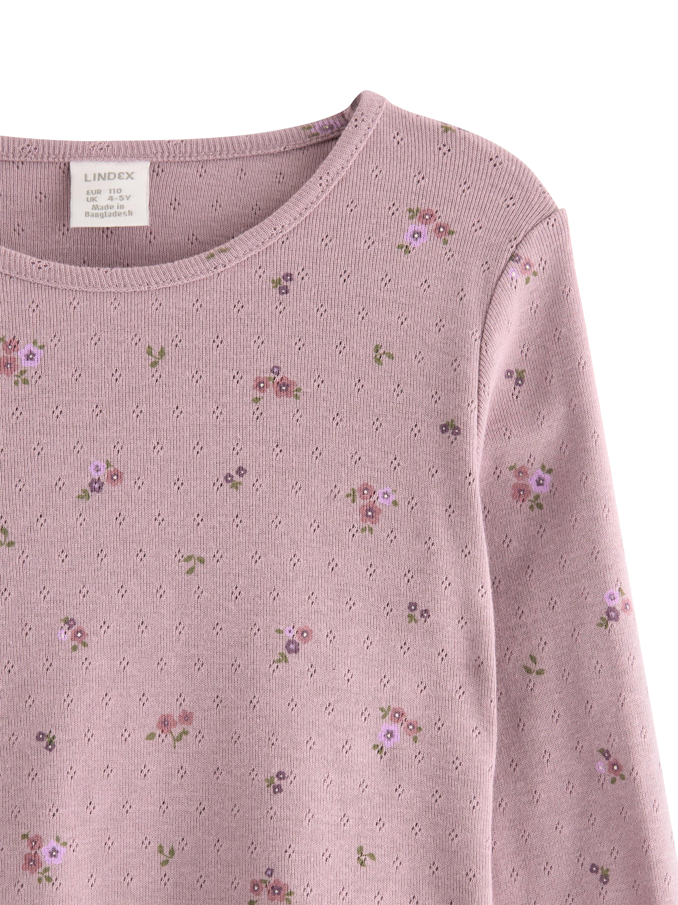 Product image 3 of 3, which shows Lindex Kids' Cotton Long Sleeved Floral Pointelle Top, Light Dusty Lilac, 4-5 years