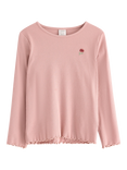 Lindex Kids' Cotton Blend Long Sleeved Embroidered Frill Top, Dusty Pink