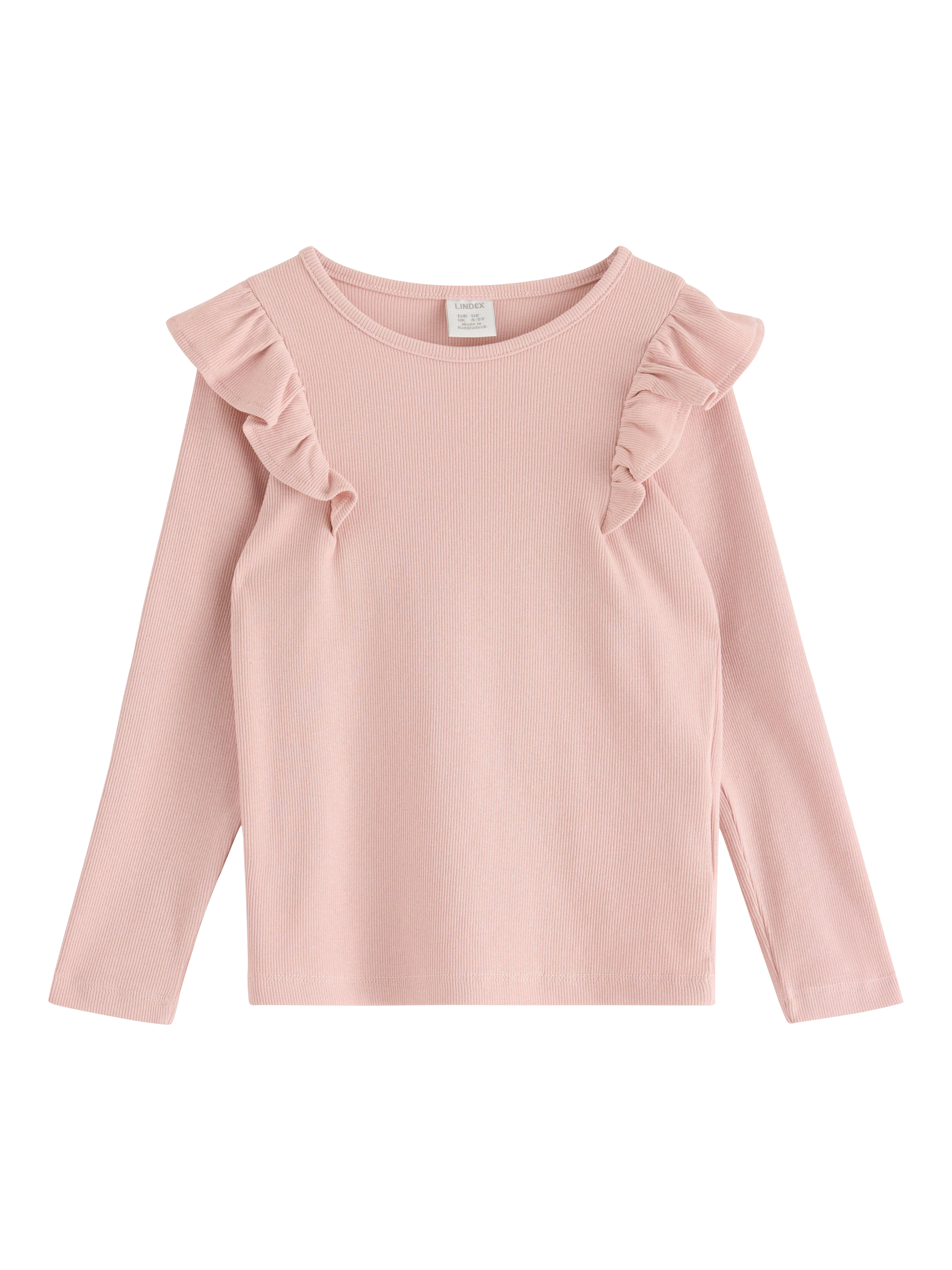 Product image 1 of 3, which shows Lindex Kids' Cotton Blend Long Sleeved Frill top, Light Dusty Pink, 4-5 years