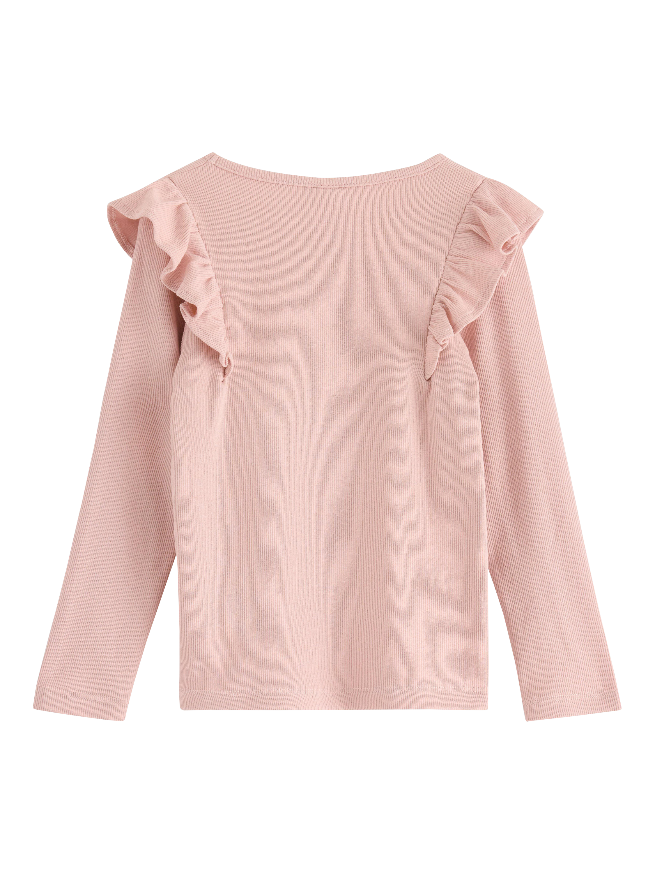 Product image 2 of 3, which shows Lindex Kids' Cotton Blend Long Sleeved Frill top, Light Dusty Pink, 4-5 years