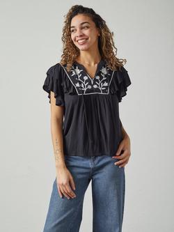 Sisters Point Imsa Embroidered Tie Neck Top, Black/Multi, Black/Multi