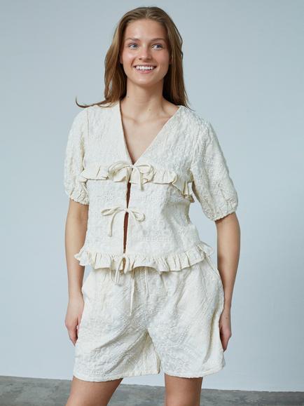 Sisters Point Inusa Embroidered Tie Front Top, Natural Cream, Natural Cream