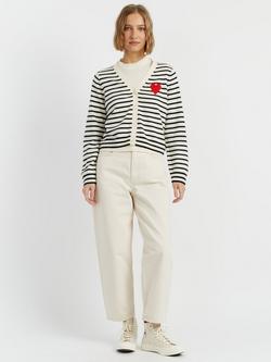 Chinti & Parker Cashmere Blend Heart Design Stripe Long Sleeve V Neck Breton Cardigan, Cream/Navy