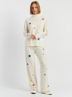 Chinti & Parker Cashmere Blend Star Design Wide Leg Tailored Track Trousers, Cream
