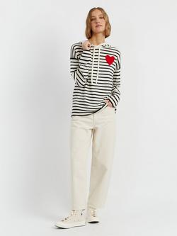 Chinti & Parker Cashmere Blend Stripe Heart Design Long Sleeve Breton Hoodie, Cream/Navy