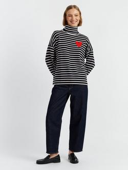 Chinti & Parker Cashmere Blend Stripe Heart Design Long Sleeve Roll Neck Breton Jumper, Navy/Cream