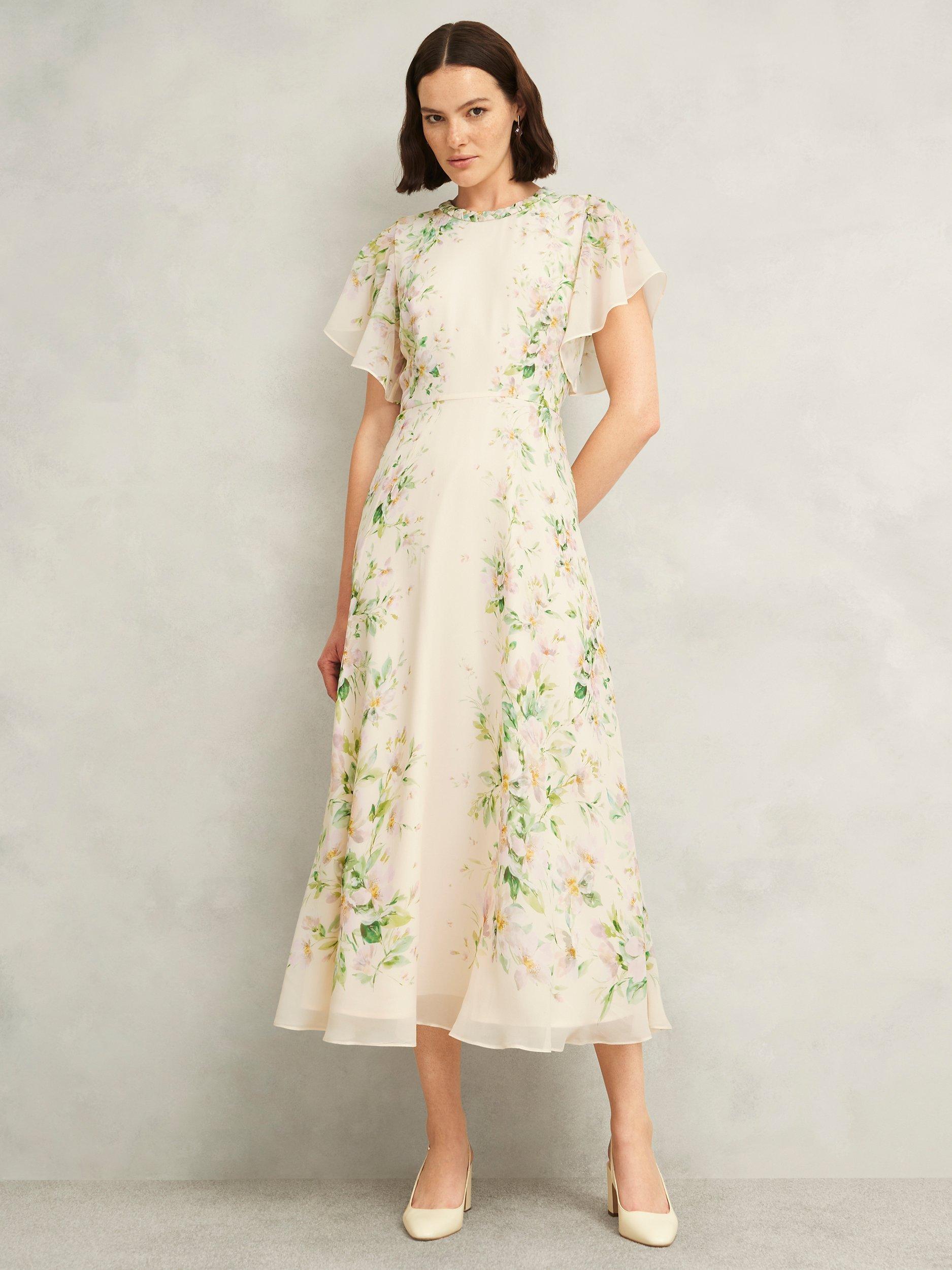 Product image 1 of 5, which shows Hobbs Petite Kim Watercolour Floral Pure Silk Dress, Cream/Multi, 10