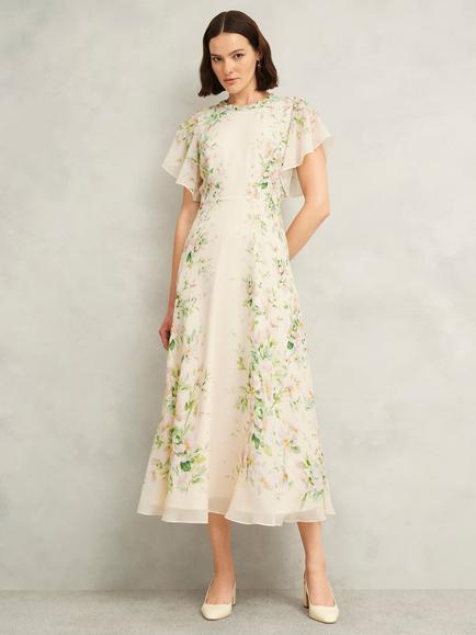 Hobbs Petite Kim Watercolour Floral Pure Silk Dress, Cream/Multi, Cream/Multi