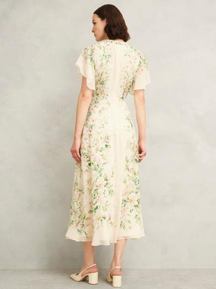 Hobbs Petite Kim Watercolour Floral Pure Silk Dress, Cream/Multi - view 2, Cream/Multi