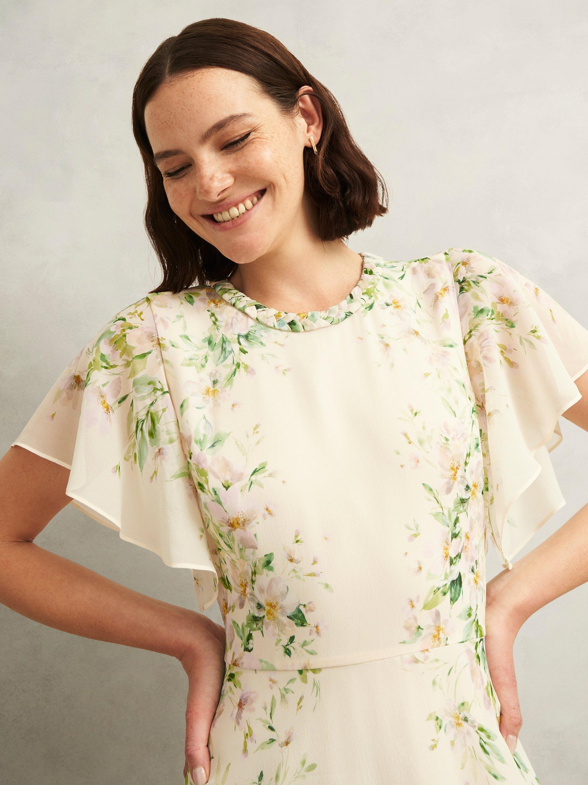 Product image 3 of 5, which shows Hobbs Petite Kim Watercolour Floral Pure Silk Dress, Cream/Multi, 10