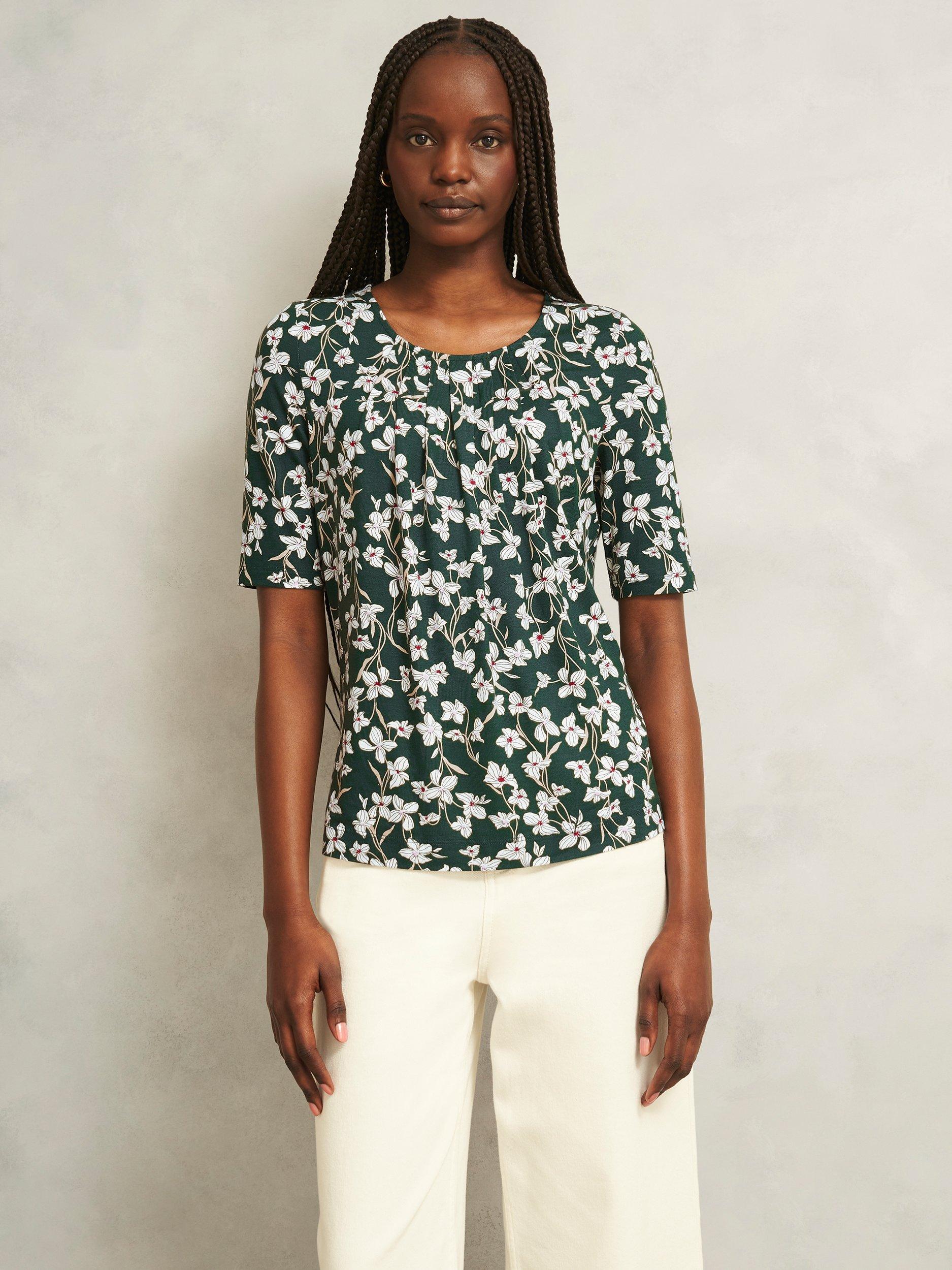 Product image 1 of 5, which shows Hobbs Jacqueline Floral Top, Green/Ivory, L