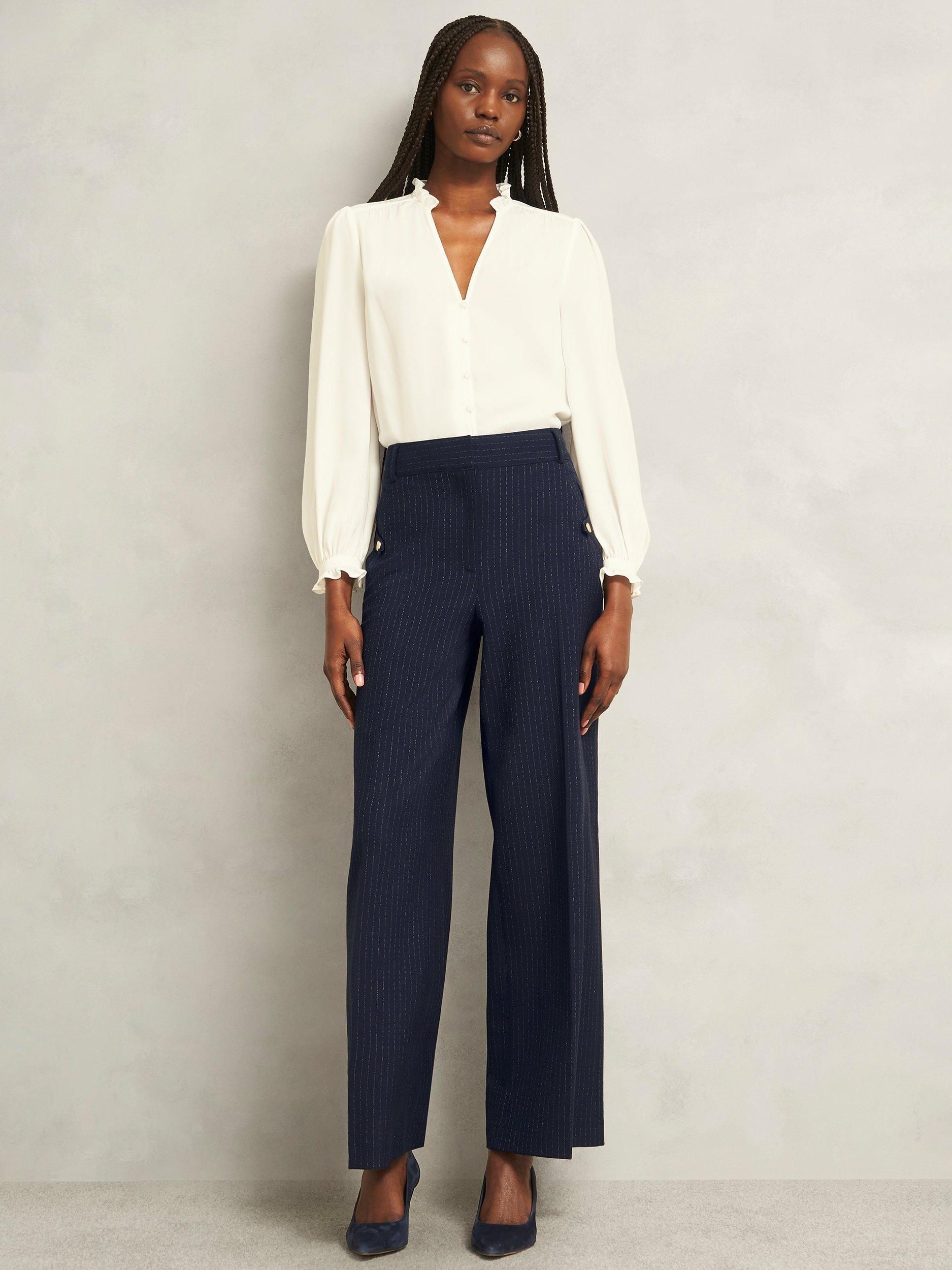 Product image 1 of 7, which shows Hobbs Alisa Pinstripe Trousers, Navy/Ivory, 12