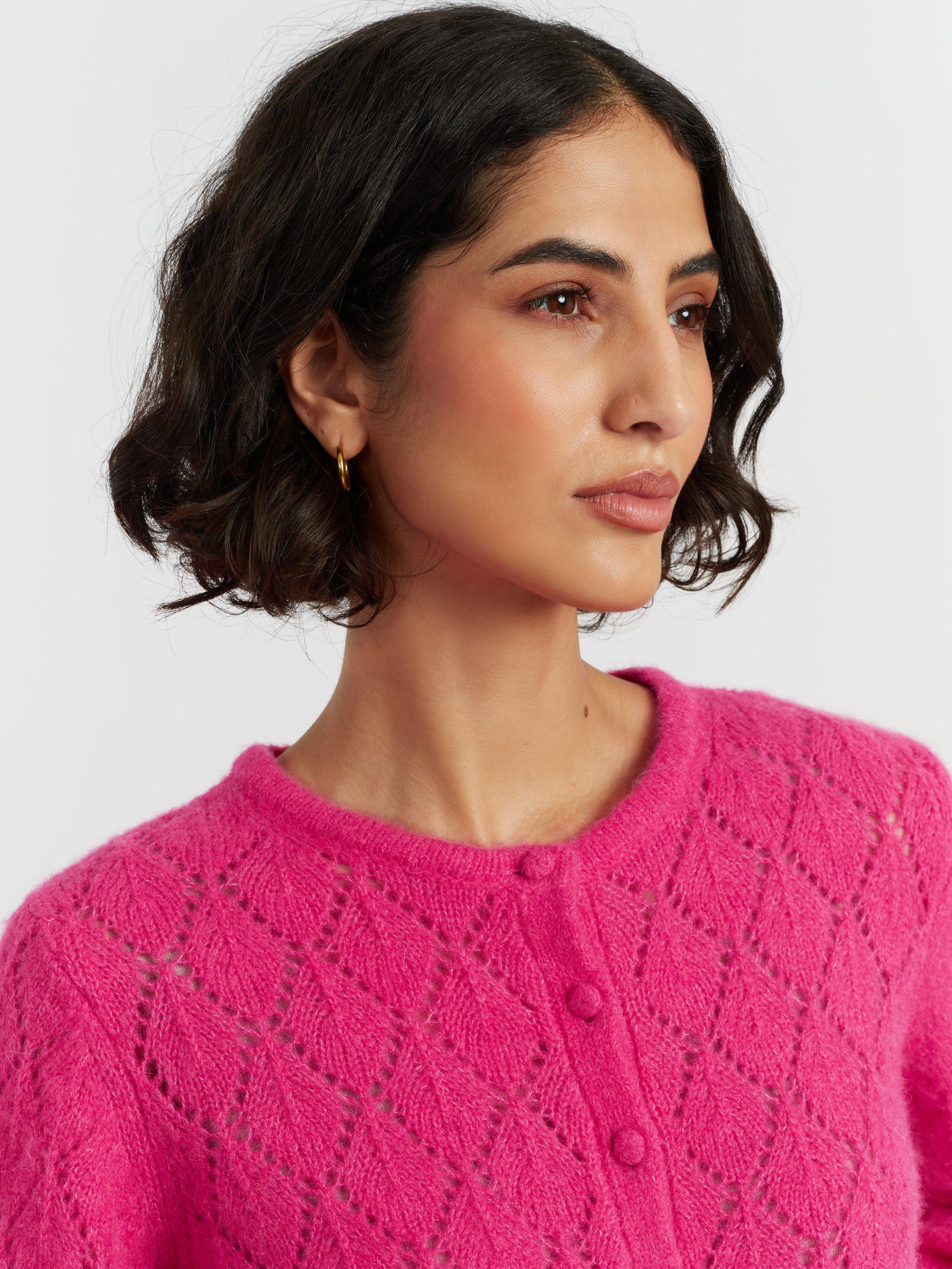 Product image 3 of 4, which shows Chinti & Parker Fluffy Diamond Wool Blend Cardigan, Raspberry, XS