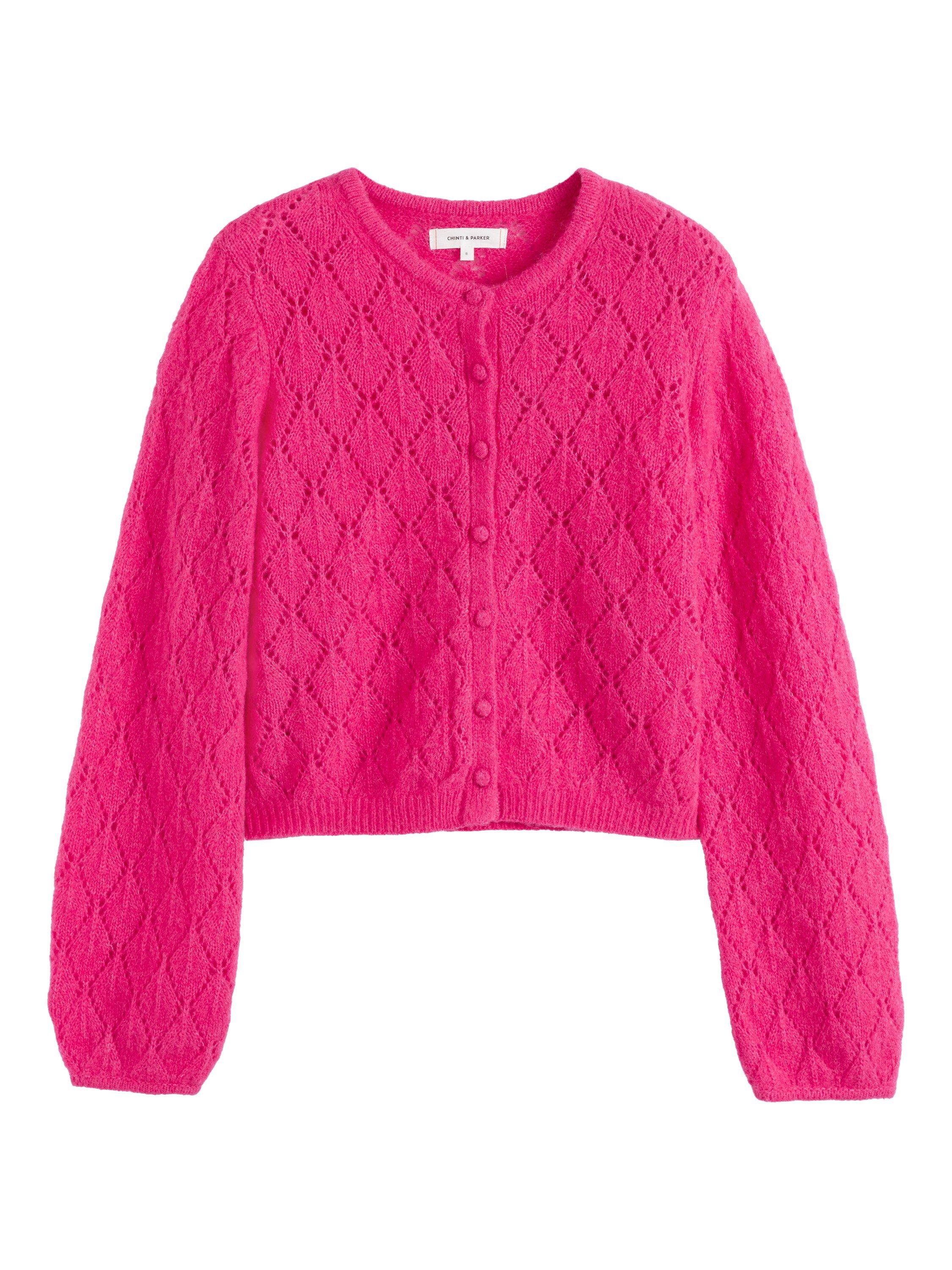 Product image 4 of 4, which shows Chinti & Parker Fluffy Diamond Wool Blend Cardigan, Raspberry, XS
