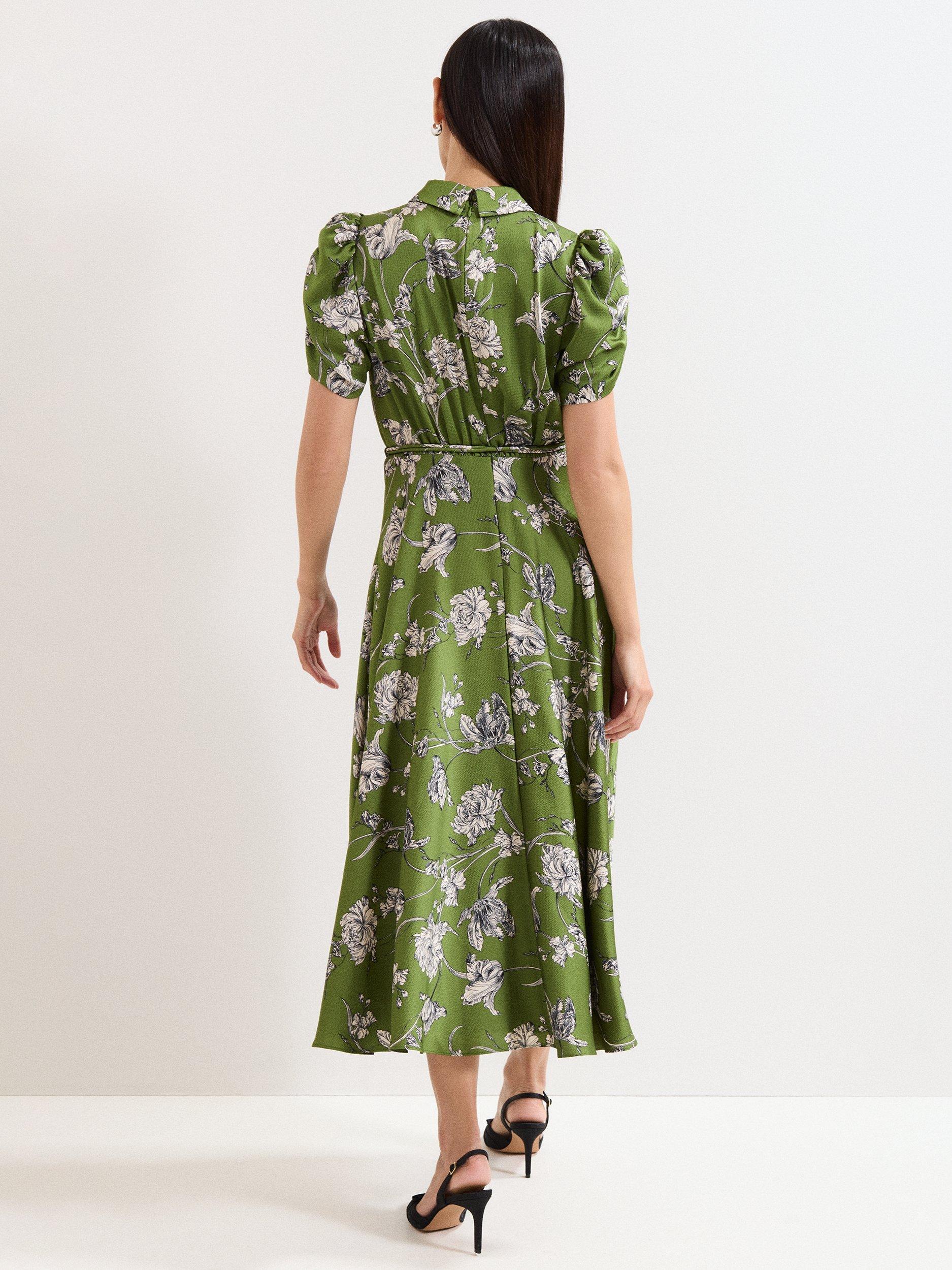 Product image 2 of 9, which shows Phase Eight Bella Floral Midi Dress, Green, 6