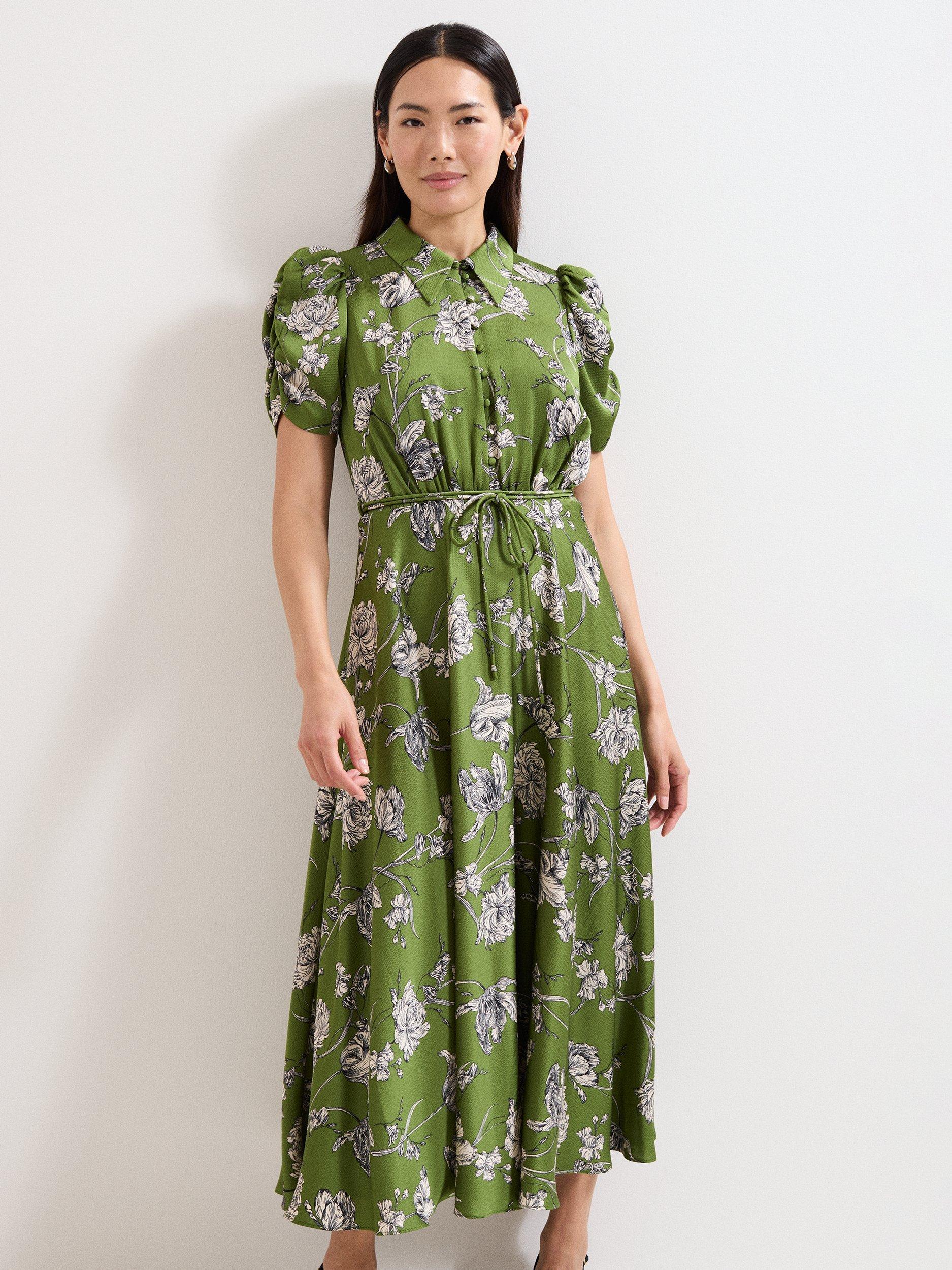 Product image 3 of 9, which shows Phase Eight Bella Floral Midi Dress, Green, 6