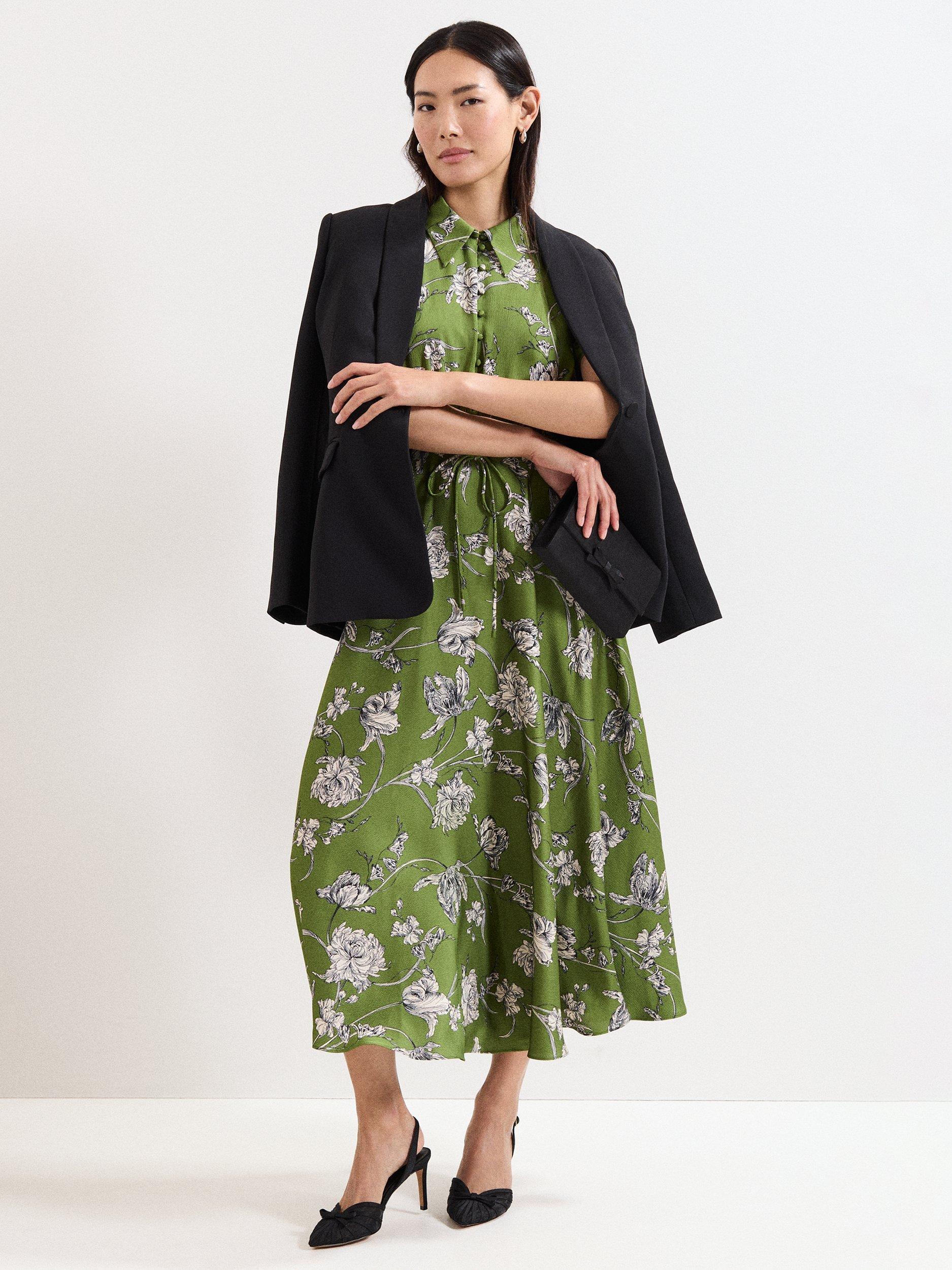 Product image 9 of 9, which shows Phase Eight Bella Floral Midi Dress, Green, 6