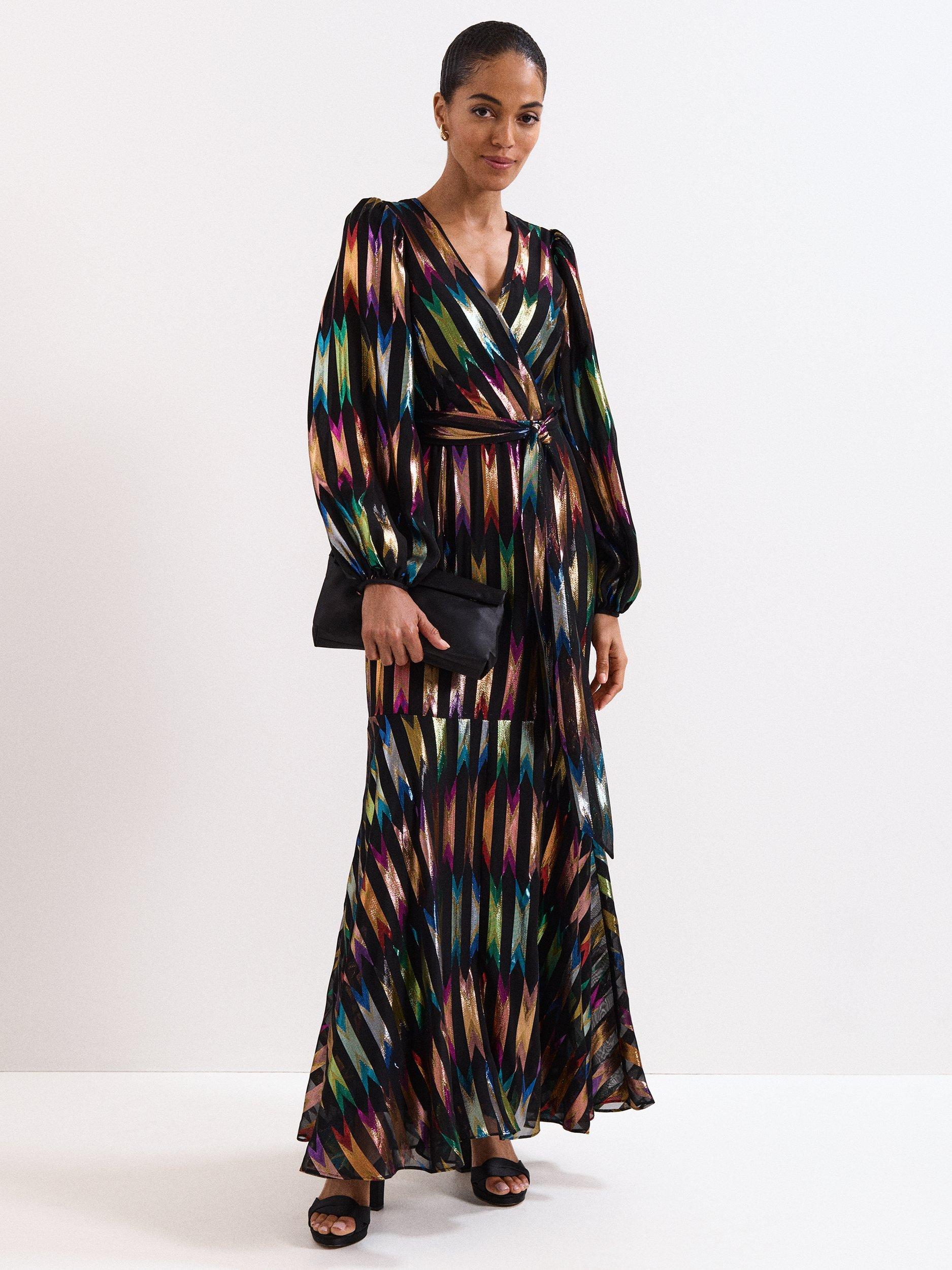 Product image 1 of 10, which shows Phase Eight Ellia Shimmer Maxi Wrap Dress, Black/Multi, 6
