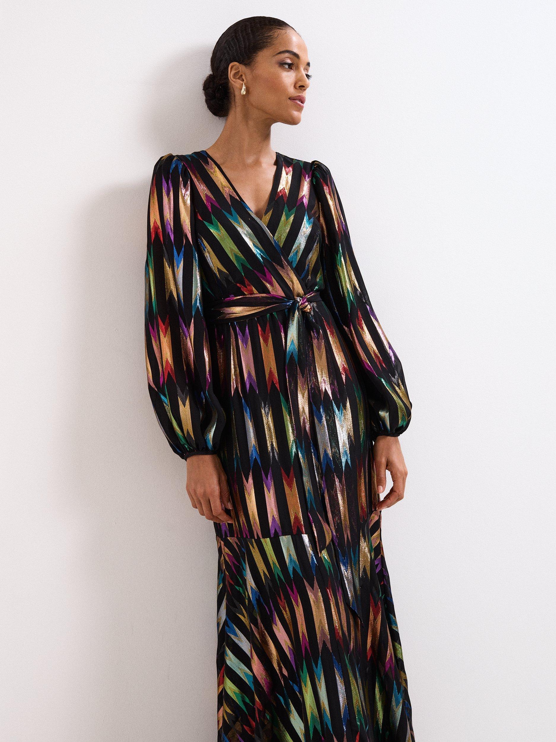 Product image 3 of 10, which shows Phase Eight Ellia Shimmer Maxi Wrap Dress, Black/Multi, 6